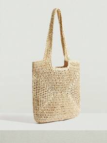 SHEIN VCAY Dung lượng lớn Túi Rơm Tay cầm đôi Màu thuần - Màu be - Xem 6