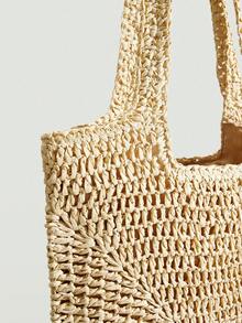 SHEIN VCAY Dung lượng lớn Túi Rơm Tay cầm đôi Màu thuần - Màu be - Xem 8