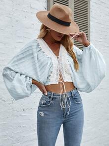 SHEIN VCAY Lace Up Front Contrast Lace Crop Blouse - Blue - View 4