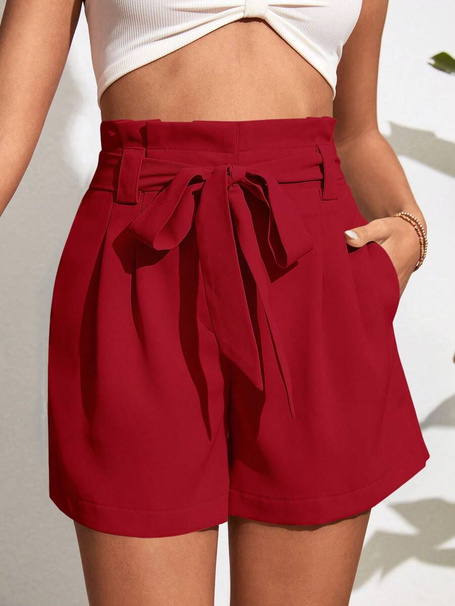 SHEIN VCAY Paperbag Waist Belted Wide Leg Shorts - Burgundy - View 1