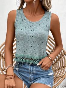 SHEIN LUNE Eyelet Embroidery Fringe Hem Tank Top - Green - View 4