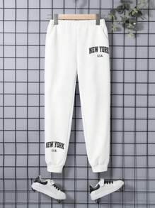 SHEIN 男孩字母基本款彈性袖口運動裝長褲帶字母圖案適合夏天和秋天 - 白色 - 查看 1