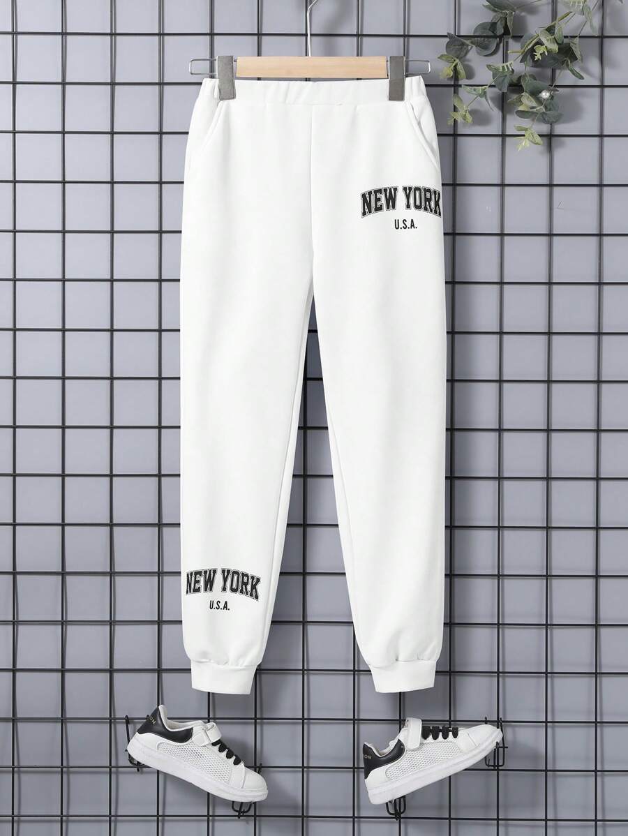 SHEIN 男孩字母基本款彈性袖口運動裝長褲帶字母圖案適合夏天和秋天 - 白色 - 查看 1