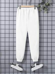 SHEIN 男孩字母基本款彈性袖口運動裝長褲帶字母圖案適合夏天和秋天 - 白色 - 查看 2