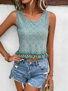 SHEIN LUNE Eyelet Embroidery Fringe Hem Tank Top - Green - View 5