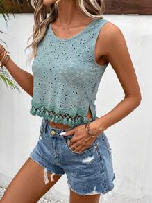 SHEIN LUNE Eyelet Embroidery Fringe Hem Tank Top - Green - View 6