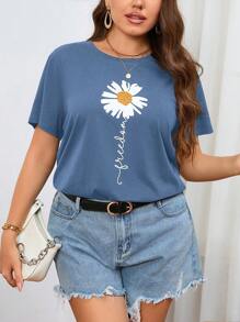 SHEIN LUNE Plus Floral & Letter Graphic Tee - Dusty Blue - View 1