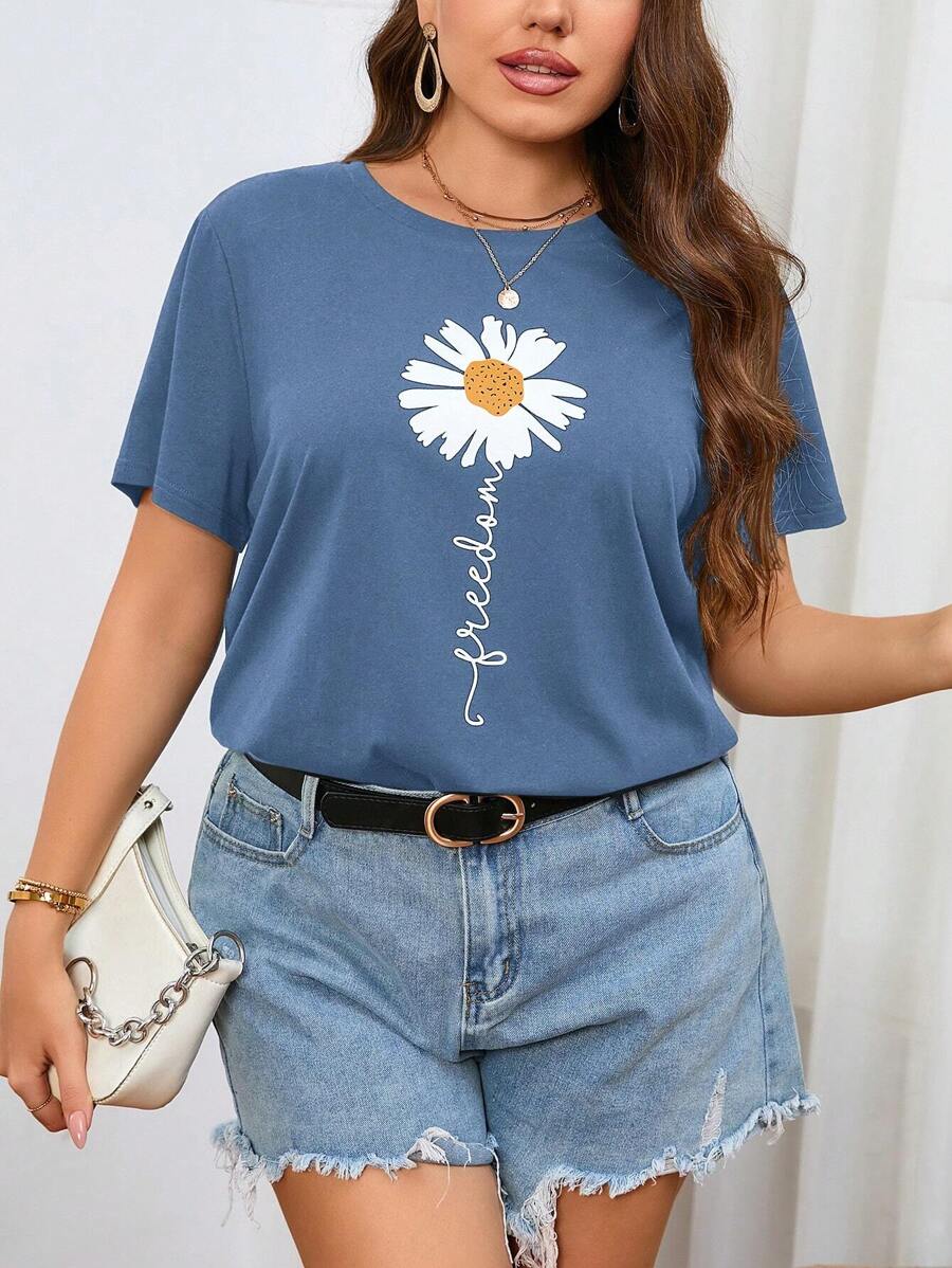 SHEIN LUNE Plus Floral & Letter Graphic Tee - Dusty Blue - View 1