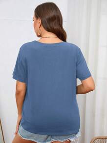 SHEIN LUNE Plus Floral & Letter Graphic Tee - Dusty Blue - View 2