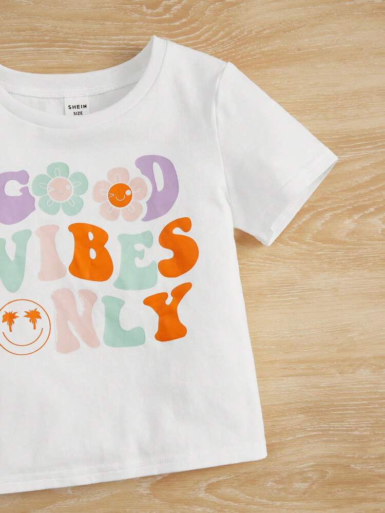 SHEIN פרחוני מכתב קז'ואל חולצות לילדה פעוטה - לבן - ראה 3