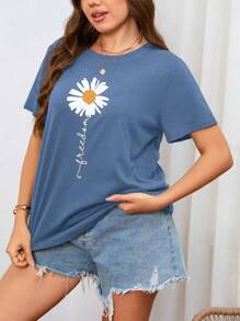 SHEIN LUNE Plus Floral & Letter Graphic Tee - Dusty Blue - View 5