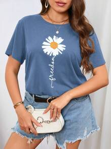 SHEIN LUNE Plus Floral & Letter Graphic Tee - Dusty Blue - View 6
