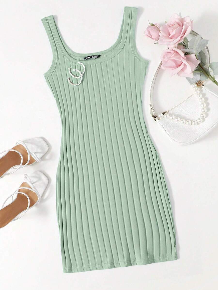 SHEIN EZwear Đầm Plus Size Gân đan màu trơn Giải trí - Màu xanh Bạc hà - Xem 1