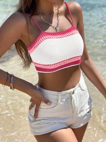 SHEIN WYWH Colourblock Crop Cami Knit Top - White - View 4