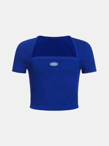 SHEIN Tops con gái Đắp vá Lá thư Giải trí - Xanh đậm - Xem 1