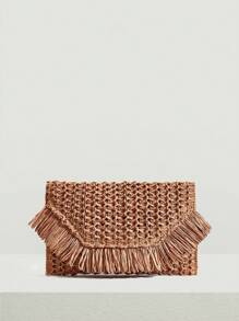 SHEIN VCAY Túi xách đan bằng rơm, Thiết kế nắp tua rua màu trơn đơn giản dành cho thanh thiếu niên, Thời trang - màu nâu - Xem 4