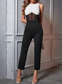 SHEIN Privé Two Tone Mesh Insert Tank Jumpsuit - Black and White - View 3