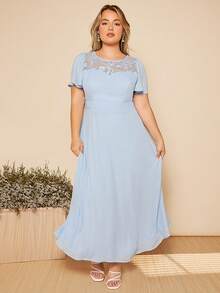SHEIN Belle 大碼拼接網紗刺繡拼塊伴娘洋裝 - 淺藍色 - 查看 9