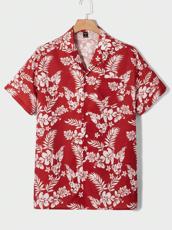 Manfinity VCAY Tricou roșu cu mânecă scurtă pentru bărbați cu imprimeu tropical pentru vacanța de vară