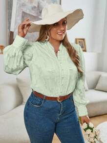Simplee 大碼提花燈籠袖前紐扣襯衫 - 薄荷綠 - 查看 1