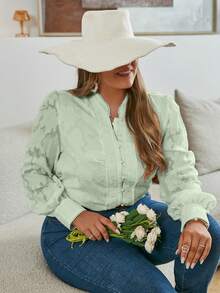 Simplee 大碼提花燈籠袖前紐扣襯衫 - 薄荷綠 - 查看 4