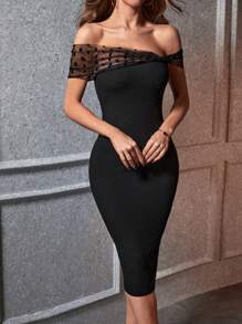 SHEIN Privé Đầm Tương phản Mesh Gân đan Chấm bi Thanh lịch - màu đen - Xem 2