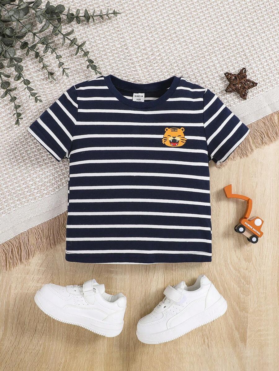 SHEIN Baby Boys' Casual Cartoon Pattern Striped Short Sleeve Round Neck Top - Navy Blue - View 1