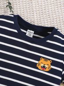 SHEIN Baby Boys' Casual Cartoon Pattern Striped Short Sleeve Round Neck Top - Navy Blue - View 3