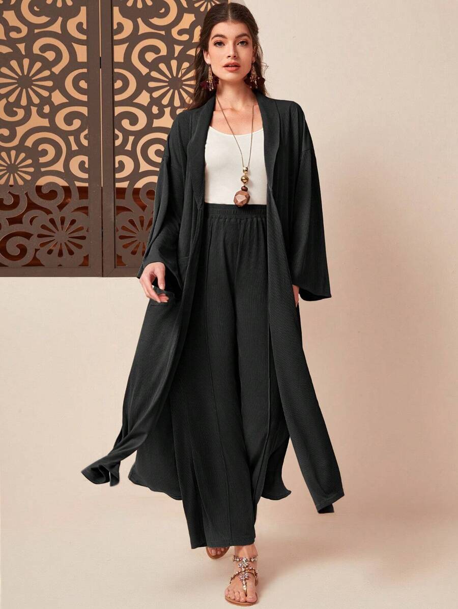 Seusyu 素色開門襟外套&闊腿褲 - 黑色 - 查看 1
