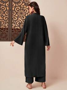 Seusyu 素色開門襟外套&闊腿褲 - 黑色 - 查看 2