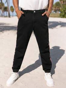 Manfinity Homme Nam Quần jean cà rốt Bông Tương phản Địa lý Ruy băng - màu đen - Xem 5