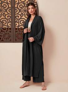 Seusyu 素色開門襟外套&闊腿褲 - 黑色 - 查看 3