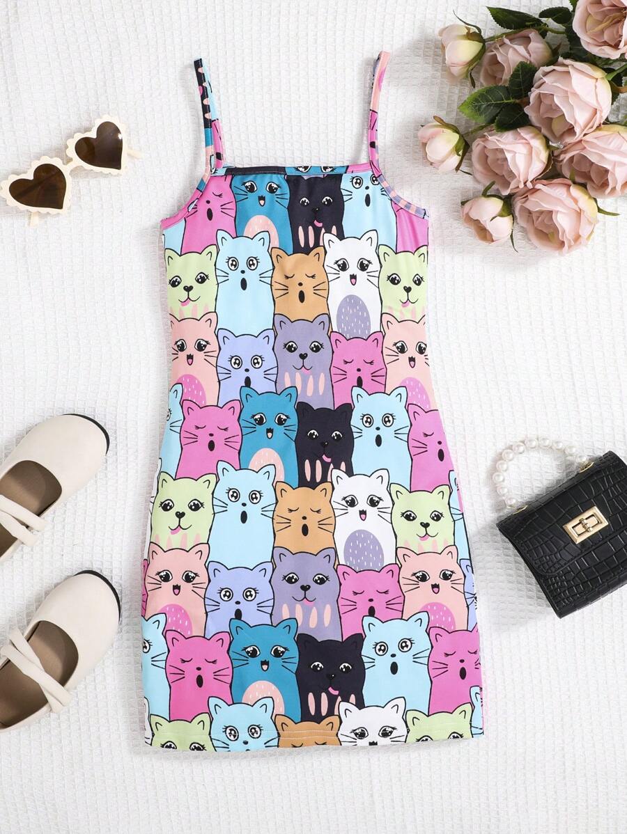 SHEIN Tween Girl Knit Snug Fit Cartoon Print Cami Dress With Unajustable Straps - Multicolor - View 1