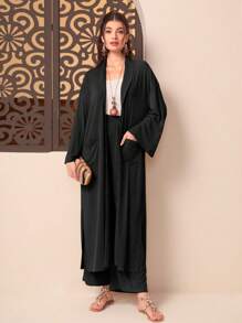 Seusyu 素色開門襟外套&闊腿褲 - 黑色 - 查看 4