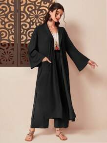 Seusyu 素色開門襟外套&闊腿褲 - 黑色 - 查看 6