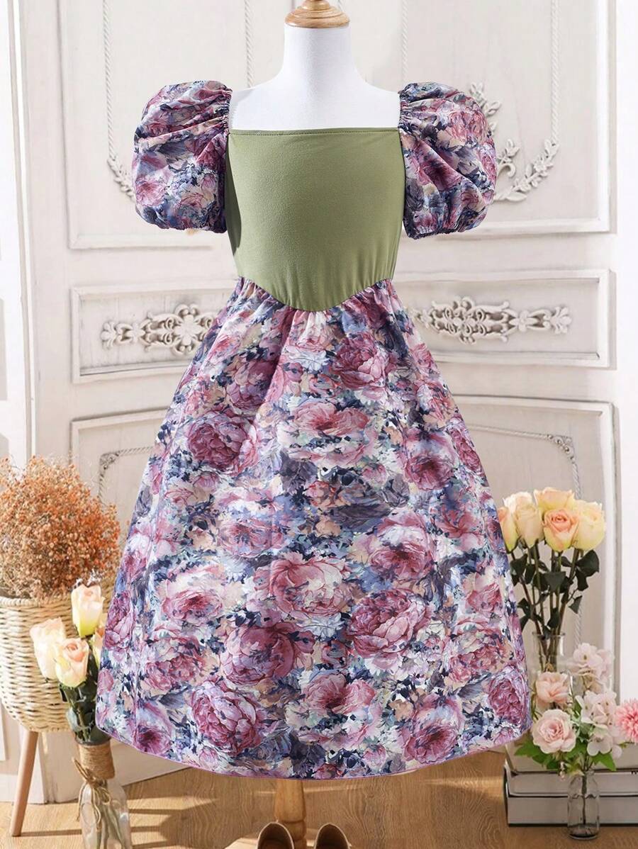 SHEIN 女孩印花泡泡袖洋裝 - 彩色 - 查看 1