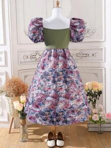 SHEIN 女孩印花泡泡袖洋裝 - 彩色 - 查看 2