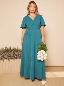 SHEIN Belle 大碼蝴蝶袖圍裹腰帶伴娘連衣裙 - 青碧色 - 查看 1