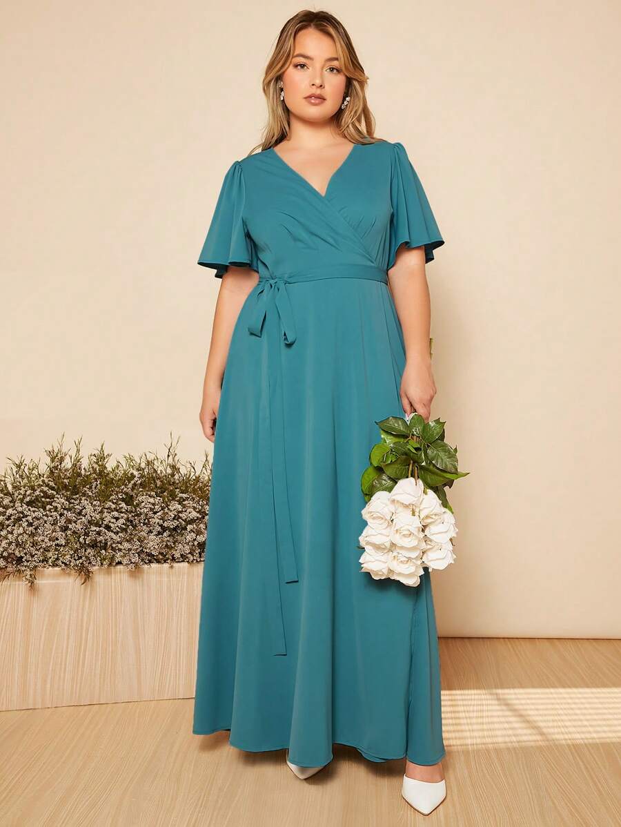 SHEIN Belle 大碼蝴蝶袖圍裹腰帶伴娘連衣裙 - 青碧色 - 查看 1