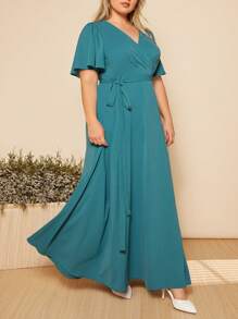 SHEIN Belle 大碼蝴蝶袖圍裹腰帶伴娘連衣裙 - 青碧色 - 查看 7