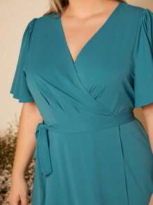 SHEIN Belle 大碼蝴蝶袖圍裹腰帶伴娘連衣裙 - 青碧色 - 查看 8