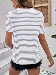 SHEIN LUNE Striped Print Drop Shoulder Tee - Black and White - View 2