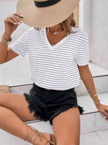 SHEIN LUNE Striped Print Drop Shoulder Tee - Black and White - View 3
