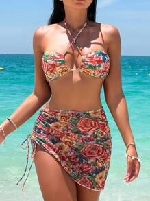 SHEIN Swim 印花掛脖比基尼泳裝附沙灘裙 - 彩色 - 查看 1