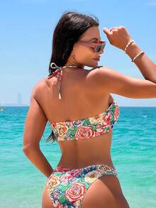 SHEIN Swim 印花掛脖比基尼泳裝附沙灘裙 - 彩色 - 查看 4