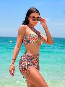 SHEIN Swim 印花掛脖比基尼泳裝附沙灘裙 - 彩色 - 查看 6