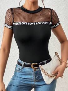 SHEIN Privé Contrast Mesh Letter Tape Panel Tee - Black - View 3