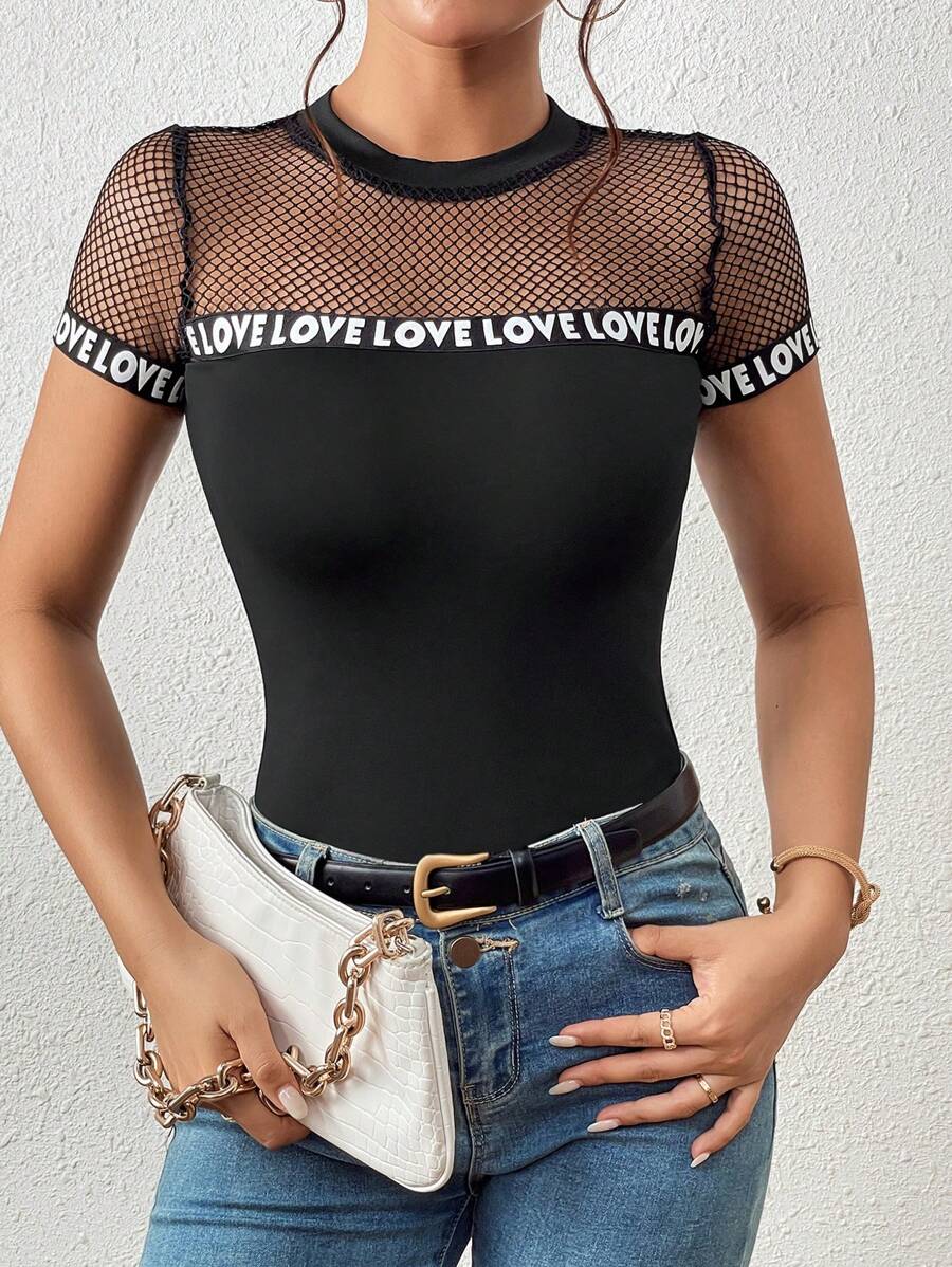 SHEIN Privé Contrast Mesh Letter Tape Panel Tee - Black - View 1
