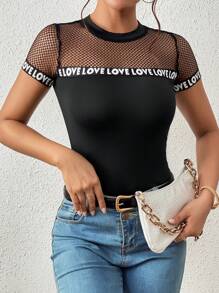 SHEIN Privé Contrast Mesh Letter Tape Panel Tee - Black - View 6