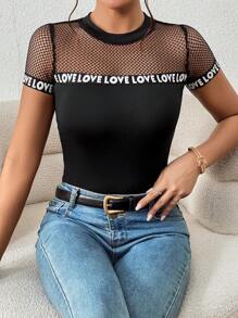 SHEIN Privé Contrast Mesh Letter Tape Panel Tee - Black - View 2